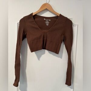 Cotton Candy Warm Chocolate Brown Ribbed Cropped Long Sleeve Top Size M/L